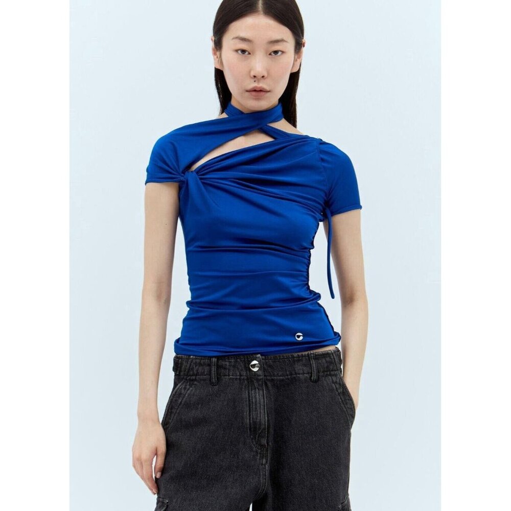 Coperni Asymmetric Draped Jersey Top Blue